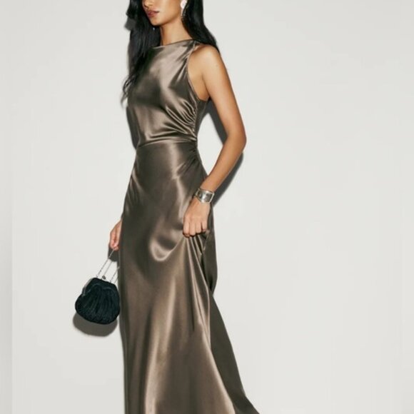 NEW Reformation Anaiis Long Silk Backless Dress Morel Brown | US 4 UK 8 - Picture 11 of 12